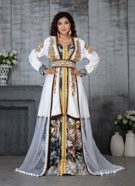Blanc et Or Imprimé Mariage Marocain femmes kaftan robe - Etsy France