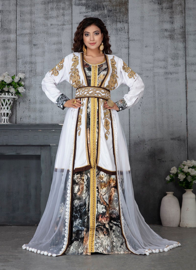 White and Gold Printed Wedding Moroccan Women Kaftan Dress Spring