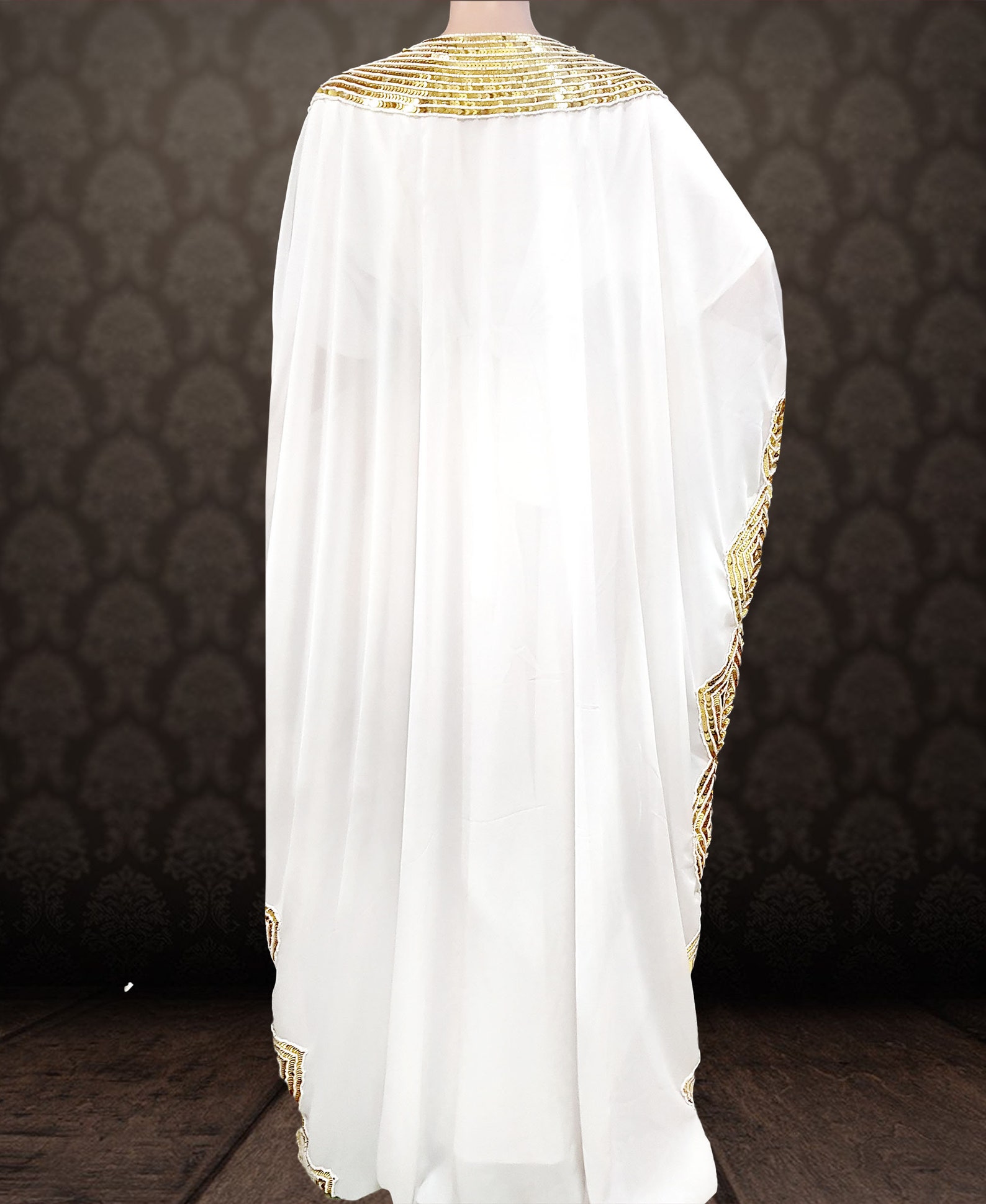 white and gold kaftan