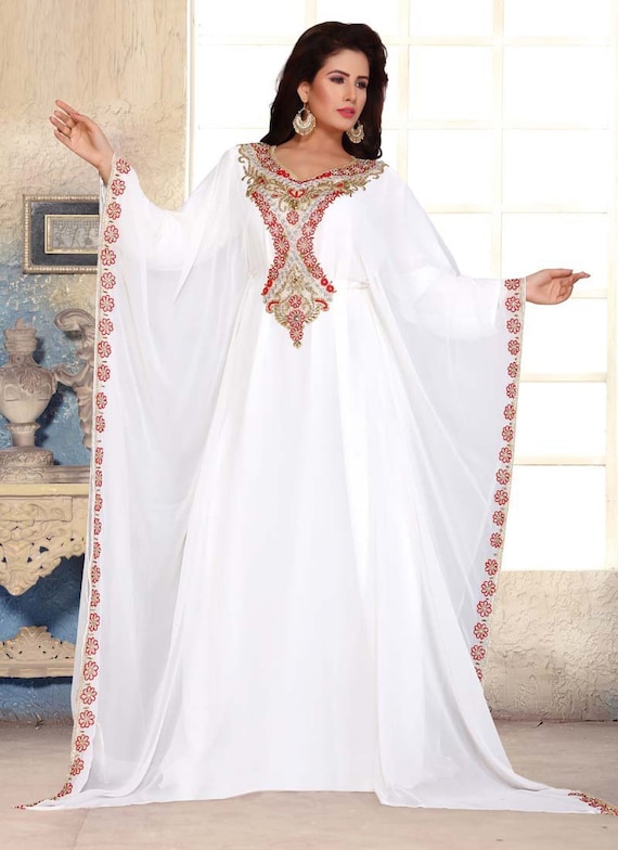 White Hand Beaded Design Farasha Party Wear Wedding Morocco Kaftan For Women Takchita African Fancy Dress With Free Embroidery Hijab