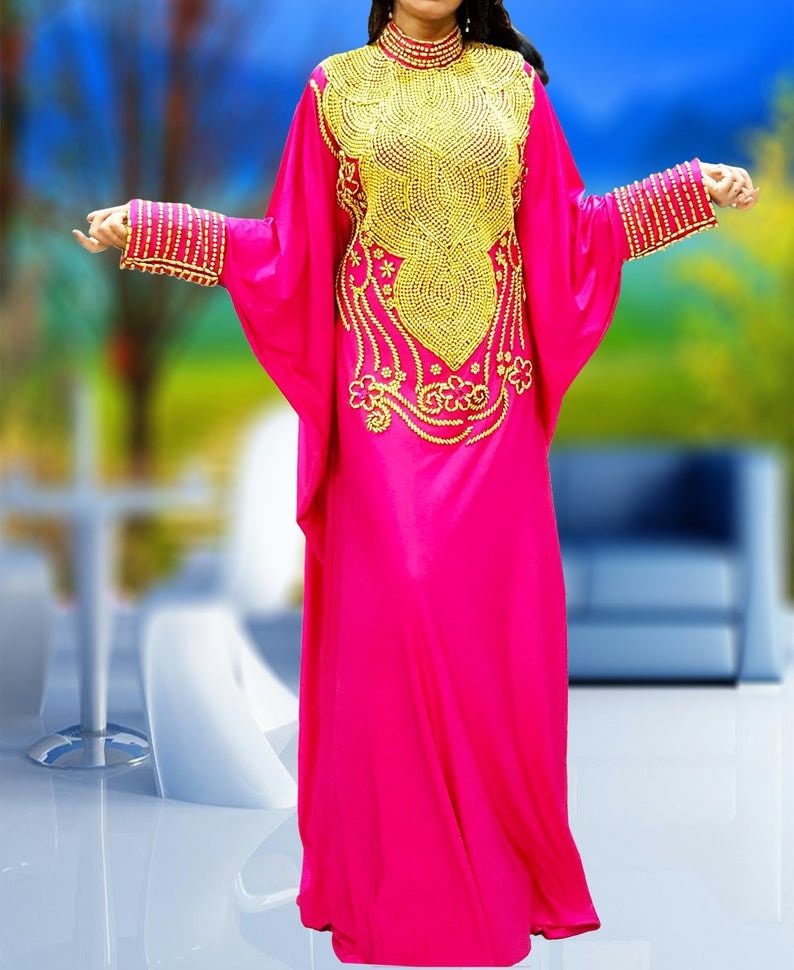 Pink and Gold Dubai Kaftan Dress for Party Wedding Moroccan Etsy