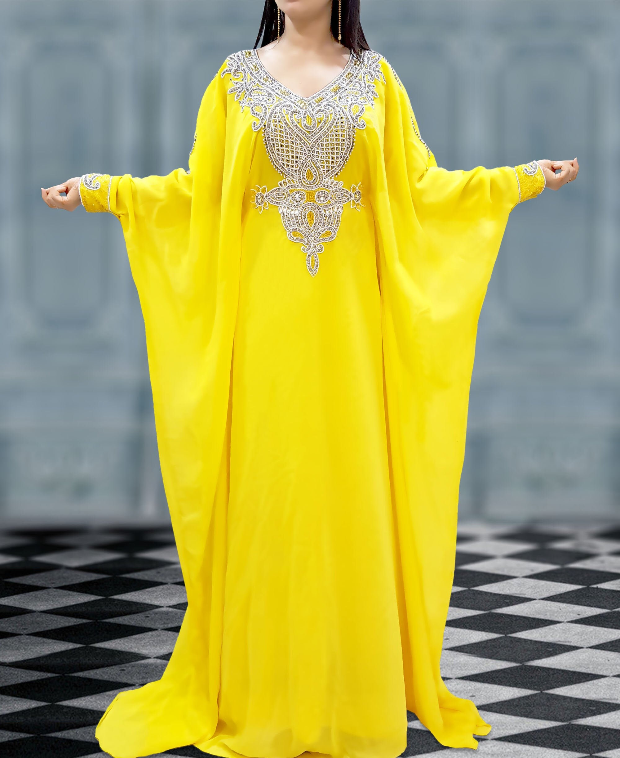 Yellow and Silver Beaded Handwork Women Caftan Dress for Party