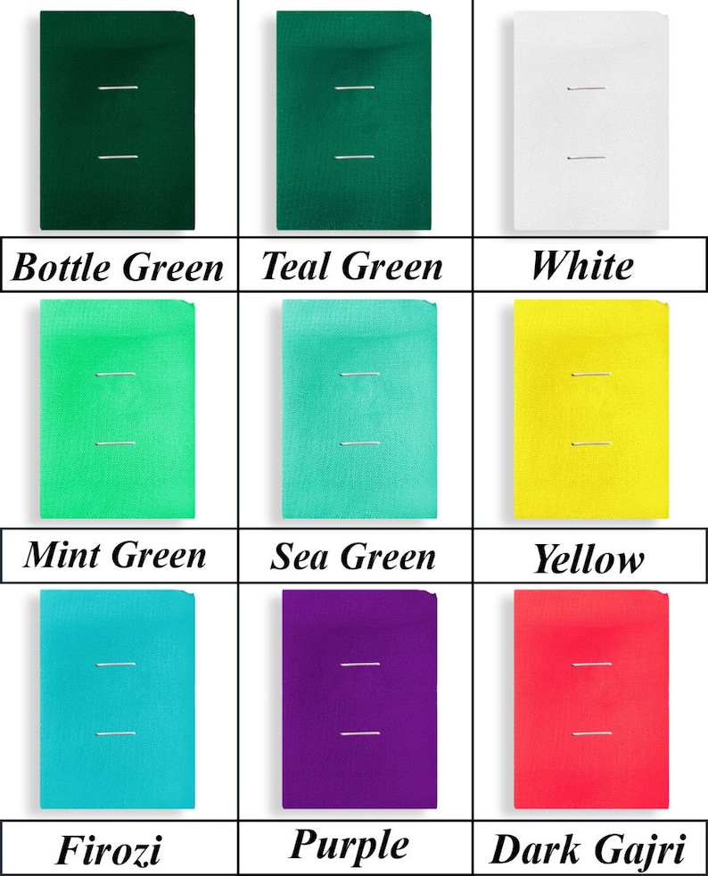 May include: Nine fabric swatches in different colors, including bottle green, teal green, white, mint green, sea green, yellow, turquoise, purple, and dark pink. Each swatch has two parallel lines of stitching.