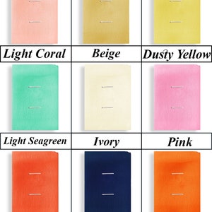 May include: Nine fabric swatches in different colors, including light coral, beige, dusty yellow, light seagreen, ivory, pink, coral, navy blue, and orange.