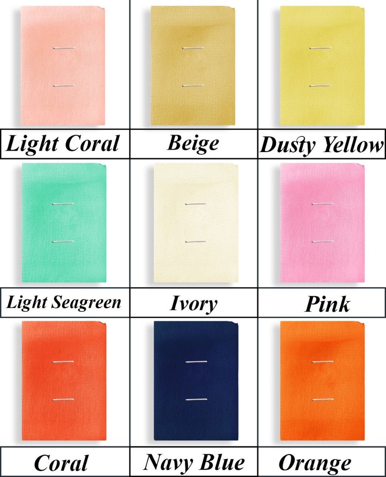 May include: Nine fabric swatches in different colors, including light coral, beige, dusty yellow, light seagreen, ivory, pink, coral, navy blue, and orange.