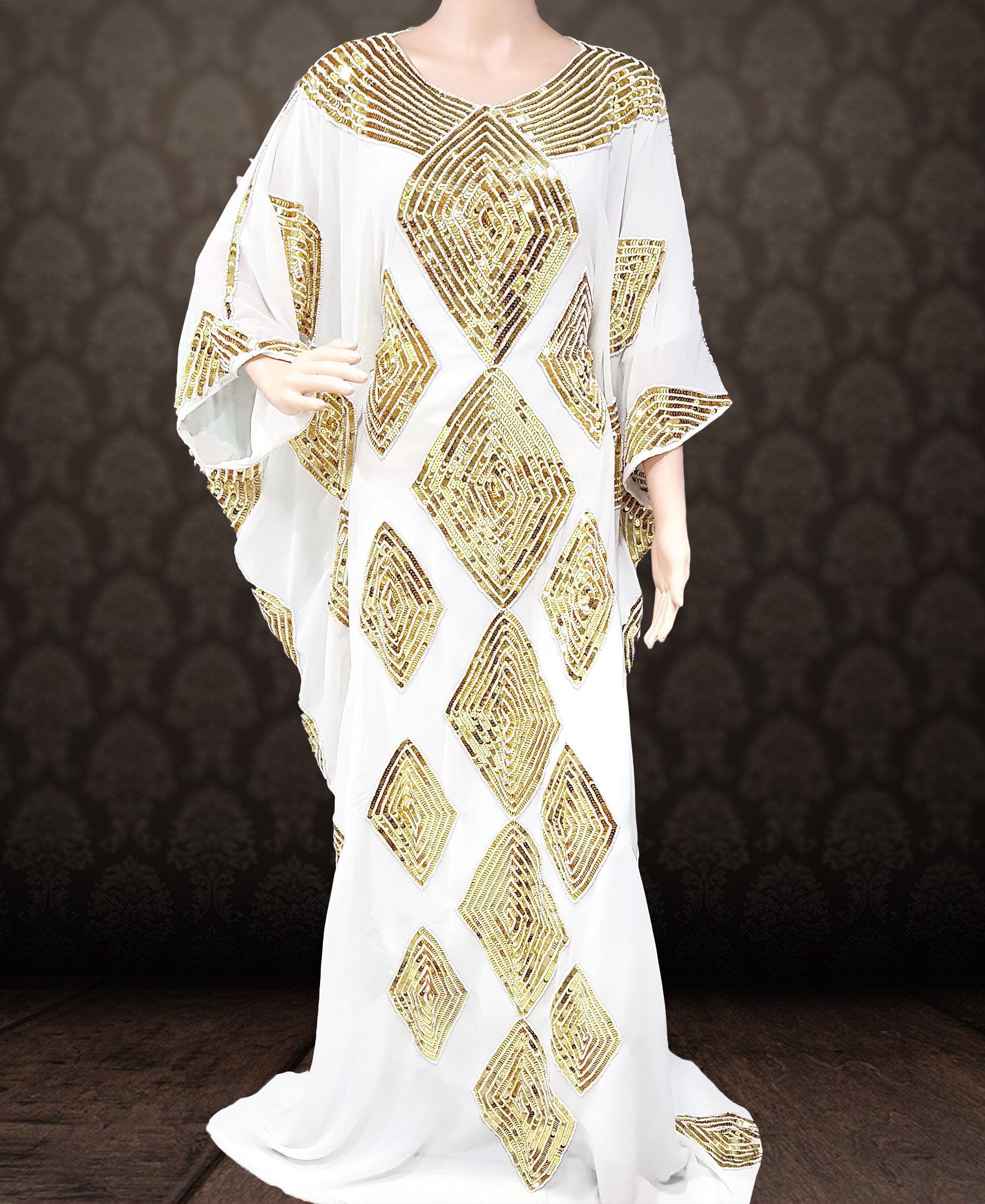 white and gold kaftan