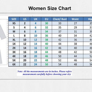 May include: A women's size chart with measurements in inches for chest, waist, and hips. The chart includes sizes XS through 6X, with corresponding US, UK, and EU sizes.