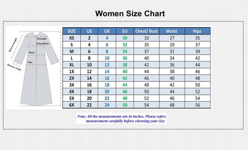 May include: A women's size chart with measurements in inches for chest, waist, and hips. The chart includes sizes XS through 6X, with corresponding US, UK, and EU sizes.