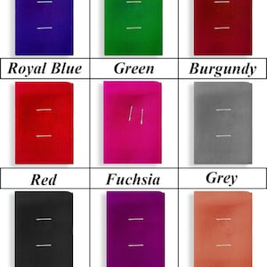 May include: Nine fabric swatches in different colors, including royal blue, green, burgundy, red, fuchsia, grey, black, wine, and canyon rose. Each swatch has two parallel lines sewn across it.