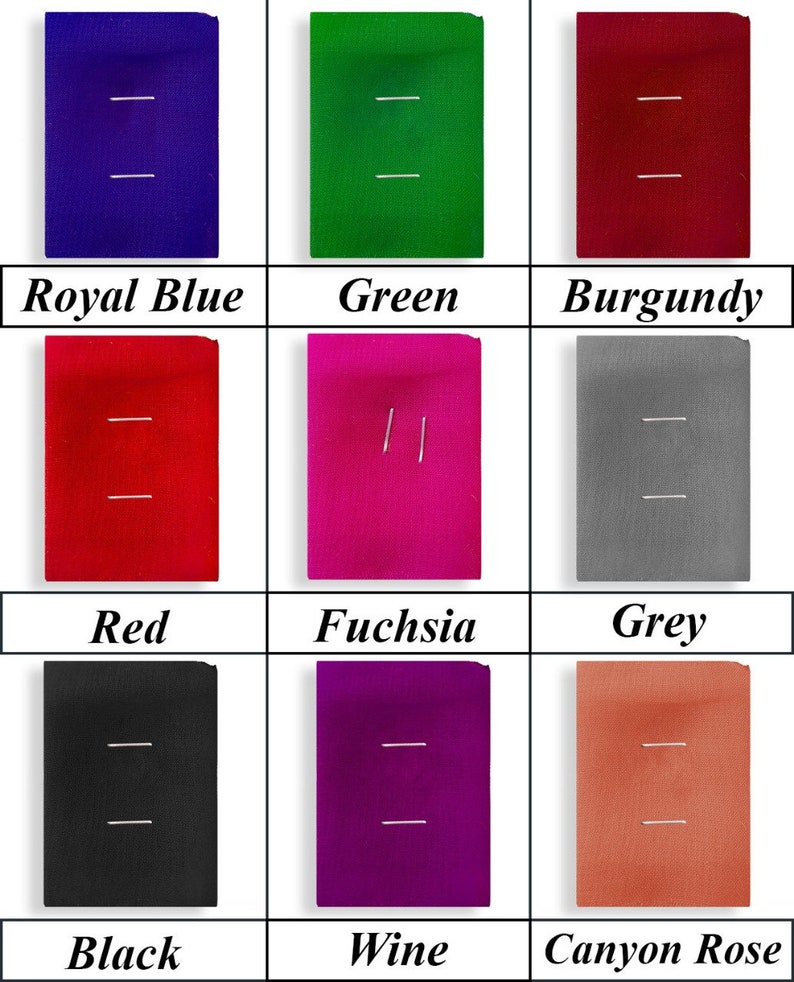 May include: Nine fabric swatches in different colors, including royal blue, green, burgundy, red, fuchsia, grey, black, wine, and canyon rose. Each swatch has two parallel lines sewn across it.