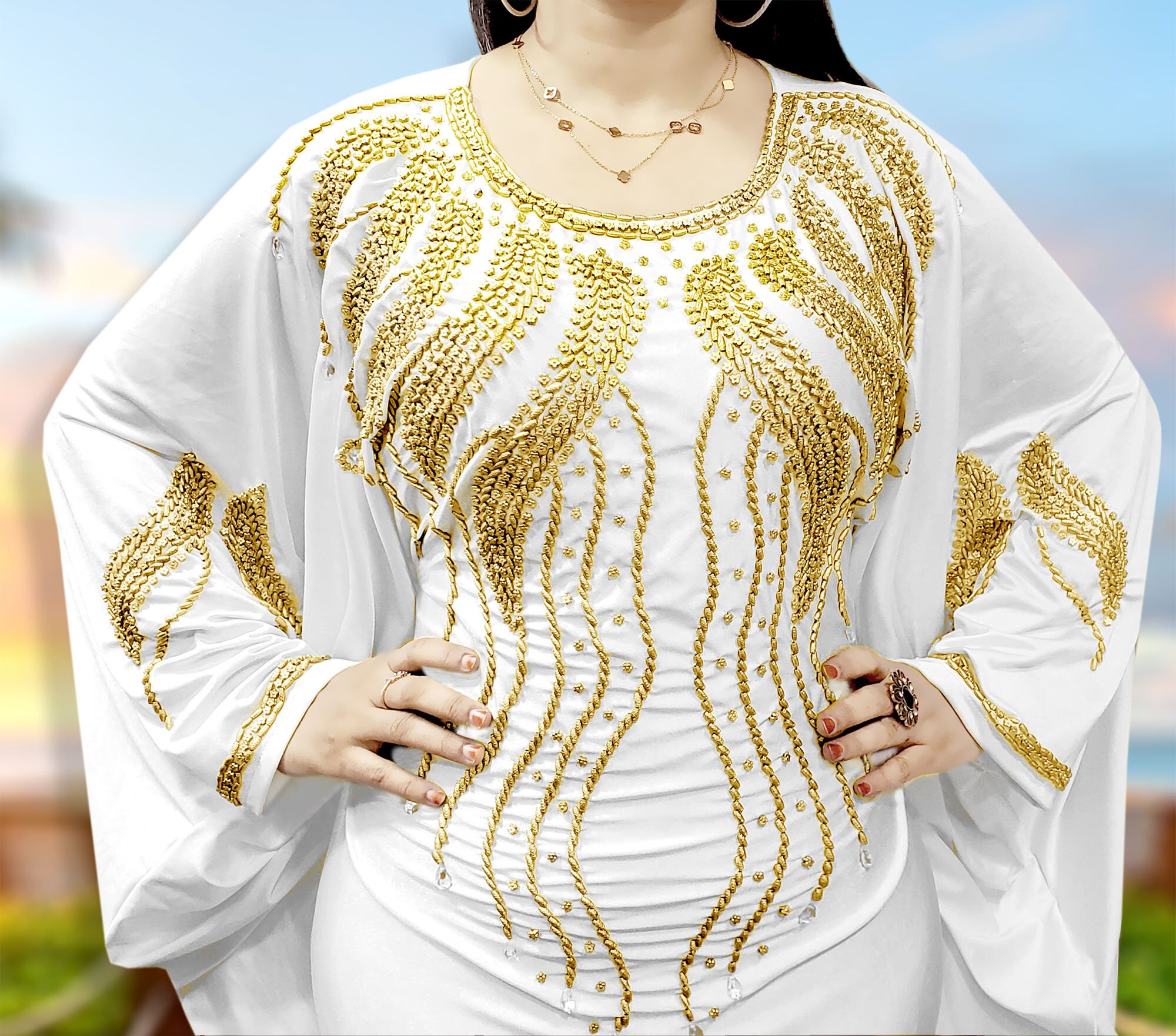 white and gold kaftan