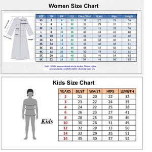 May include: Size chart for women's and children's clothing. The chart shows sizes in US, UK, and EU sizes, as well as measurements for chest/bust, waist, hips, and length in inches. The chart also includes a diagram of a woman and a child.