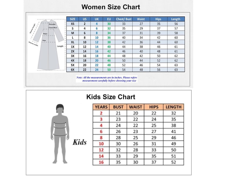 May include: Size chart for women's and children's clothing. The chart shows sizes in US, UK, and EU sizes, as well as measurements for chest/bust, waist, hips, and length in inches. The chart also includes a diagram of a woman and a child.