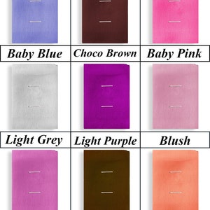 May include: Nine fabric swatches in different colors, including baby blue, choco brown, baby pink, light grey, light purple, blush, lilac, brown, and peach.