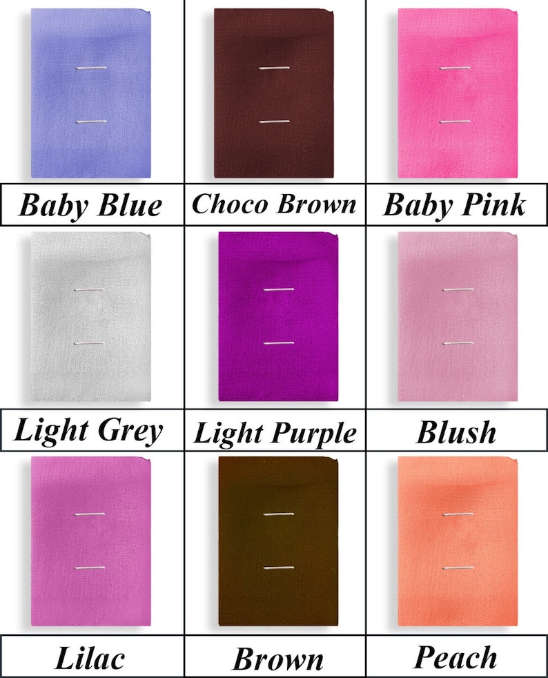 May include: Nine fabric swatches in different colors, including baby blue, choco brown, baby pink, light grey, light purple, blush, lilac, brown, and peach.