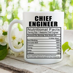 May include: White ceramic mug with a black design that reads "Chief Engineer" and a nutritional facts label listing "Hard Working", "Unrivaled Skill", "Passion", "Caring", "Sleep", and "Caffeine" with percentage values.