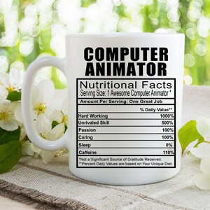 May include: White ceramic mug with a black design that reads "COMPUTER ANIMATOR" and a nutritional facts label listing skills and attributes like "Hard Working", "Unrivaled Skill", "Passion", "Caring", "Sleep", and "Caffeine" with percentage values.