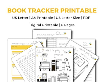 May include: Printable book tracker pages with a bee theme. The pages include sections for favorite quotes, reading list, book wishlist, and a 52-week reading challenge. The pages are designed to help you track your reading progress and goals.