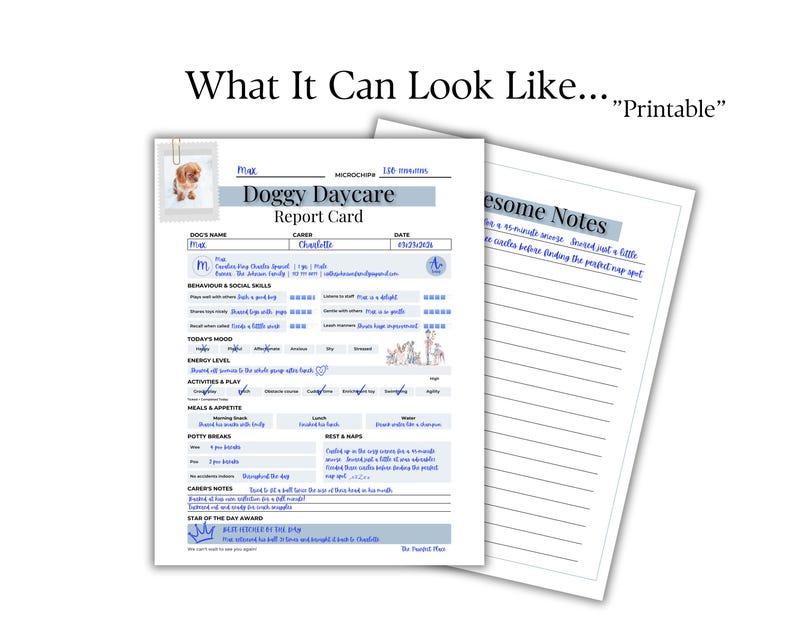 This beautifully designed, fillable pet report card is the perfect tool for any doggy daycare, kennel, pet sitter, or dog walker looking to run a professional, credible pet care business. 

Whether you are boarding dogs overnight or simply helping out as a pet sitter, this fillable dog boarding daily care log helps you stay organised while showing pet owners that their fur baby is in the most caring and capable hands.