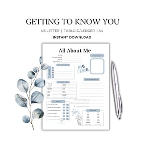 Puede incluir: Una hoja de trabajo imprimible "Todo sobre mí" con un esquema de color azul y blanco. La hoja de trabajo incluye secciones para información personal, cosas favoritas y una sección "Esto o aquello".