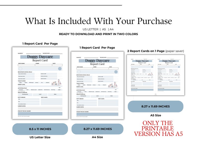 What's Included:
- Fully fillable dog report card and pet report card
- Daily care sections covering meals, water, bathroom breaks, behaviour, playtime and more
- Pet sitter notes section for end-of-day feedback
- Designed as a pet planner, your clients will love receiving
- Available in A4, A5 and US Letter size for the printable version and A4 and US Letter size for the fillable version