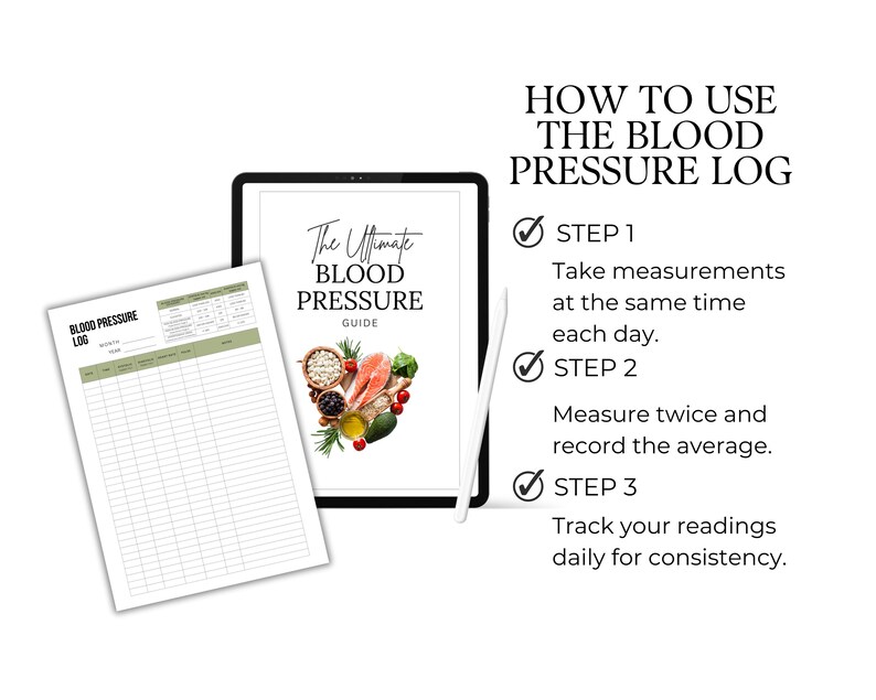How to use the blood pressure log.
1.  Take measurements at the same time of each day.
2.  Measure twice and record the average.
3.  Track your readings daily for consistency.