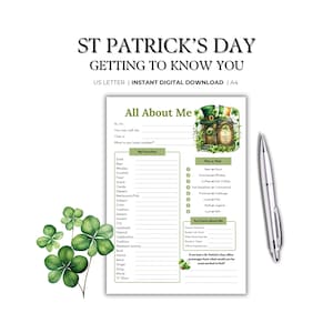 St Patrick’s Day Getting To Know You Team Building Game, All About Me, Get To Know Me  Questionnaire Printable, St Paddys Favorite Things