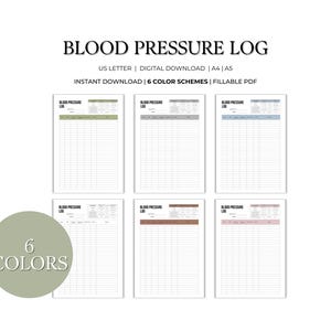 The blood pressure log is designed in 6 different color schemes