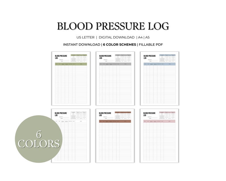 The blood pressure log is designed in 6 different color schemes