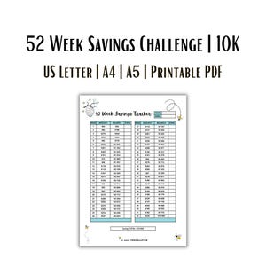 May include: A printable 52-week savings tracker with a bee theme. The tracker has a table with columns for week number, amount, balance, and done. The table is designed to help you save $10,000 in a year.