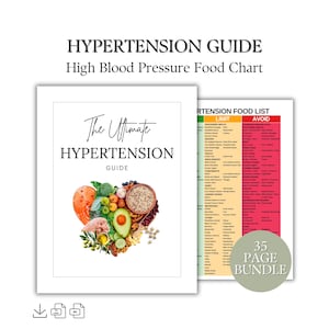 Puede incluir: Un libro blanco titulado "The Ultimate Hypertension Guide" con una ilustración en forma de corazón de alimentos saludables. El libro abierto revela una lista de alimentos con secciones "Limit" y "Avoid". El texto "High Blood Pressure Food Chart" también es visible.