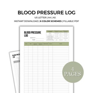Blood pressure log.
Instant download in 6 color schemes.  In US Letter, A4 and A5