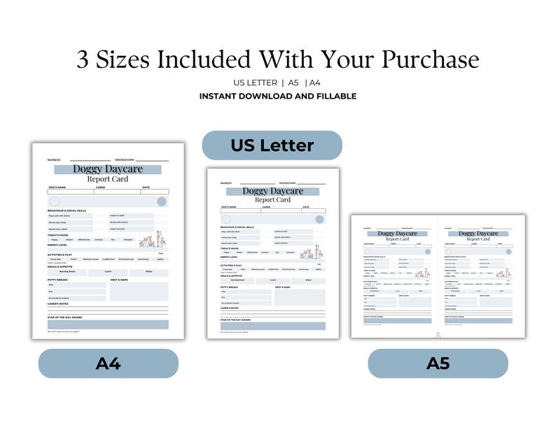 Available in A4, A5 and US Letter size for the printable version and A4 and US Letter size for the fillable version