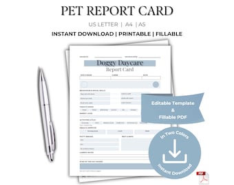 Pet Report Card | Doggy Daycare + Dog Boarding | Pet Sitter & Dog Walker Printable | Fillable Dog Boarding Daily Care Log | Instant Download