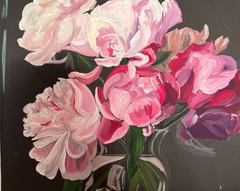 Still life with flowers for the interior, The picture is painted by my daughter, peonies in a vase on a dark background, handmade, a gift fo