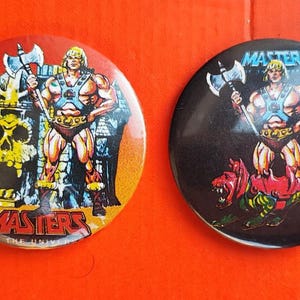 Masters of the Universe Vintage Badges HE-Man MOTU Castle Grayskull Battle Cat Cringer Mattel Souvenir Prince Adam Eternia MOTU Memorabilia