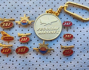 JAT Airlines Yugoslavia Vintage Pins and Keychain Aviation Badges Collection Airjets Airbus Boeing Planes