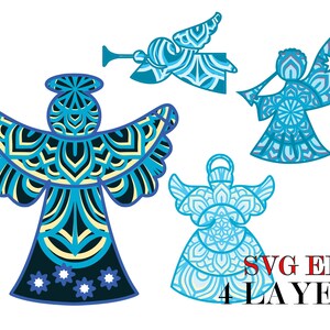 Ángeles de Navidad, 4 diseños, Feliz año nuevo, Feliz Navidad, invierno, nieve, 4 capas, Descarga digital, Archivos SVG EPS