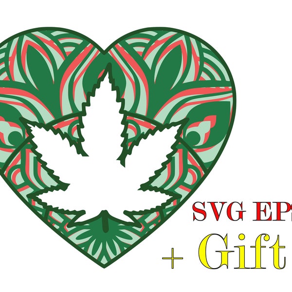 Heart cannabis  3d mandala  , 4  layers , Digital download , svg , eps, for glowforge, Cricut,Silfouette +Gift 25 mandalas templates