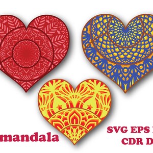 3 cuori, mandala 3D, svg eps png cdr dxf file, download digitale per Glowforge, Cricut, Silhouette + Gift 25 mandala modelli