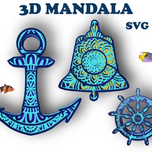 NAUTIQUE, mandala 3D 4 couches, fichiers Svg Eps, gouvernail, ancre, cloche, téléchargement numérique pour Glowforge, Cricut, Silhouette + Gift 25 mandalas