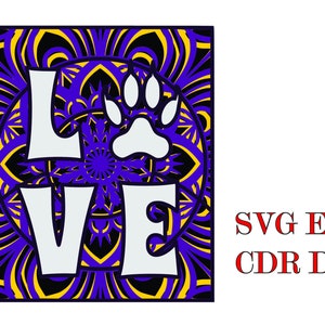 Love paw frame 2, mandala 3D, 5 capas, archivos Svg Eps Cdr Dxf , descarga DIgital