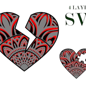 BROKEN HEART e PUZZLE perdidos, mandala 3D, 4 camadas, arquivos Svg Eps, download digital
