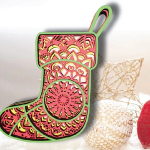 Calcetín de Navidad 4 capas, descarga digital, SVG EPS Cdr Dxf Png, 3 d mandala para Glowforge, Cricut, Silhouette + Gift 25 plantillas de mandalas