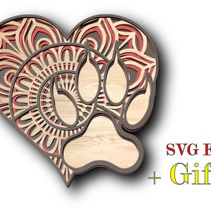 HERZ und PFOTE , 3D Mandala, 5 Schichten, svg und eps Dateien, Digitaler Download + Geschenk 25 Mandalas