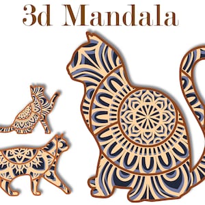 Mandala 3D chat SVG / fichier découpé au laser en couches / modèle Cricut & Glowforge / Silhouette de chat 4 couches / téléchargement numérique + cadeau 25 mandalas