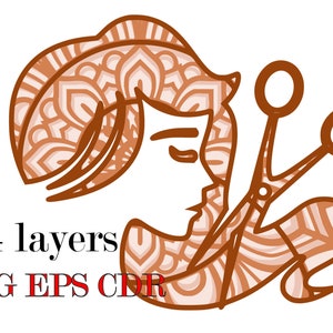 Schönheitssalon, 3d Mandala, 4 Schichten, digitaler Download, Svg Eps Cdr Dateien,, Haare, schneiden, Schere, Friseur, Salon, Frauen, Mädchen