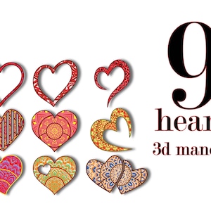 Harten bundel, 9 ontwerpen, 3D mandala, Svg EpsPng bestanden, Digitale download voor Glowforge, Cricut, Silhouette + Gift 25 mandala's sjablonen