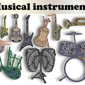 Instruments de musique bundle mandala 3d 4 couches Téléchargement numérique , svg , eps, pour glowforge, Cricut, Silfouette + Cadeau 25 mandalas modèles