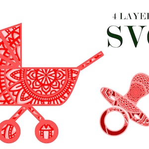 BABY STOLLER und PACIFIER, 3d Mandala, 4 Schichten, digitaler Download, Svg Eps Dateien